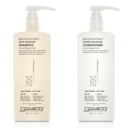GIOVANNI front packaging showing smooth as silk set and benefit of deep moisture