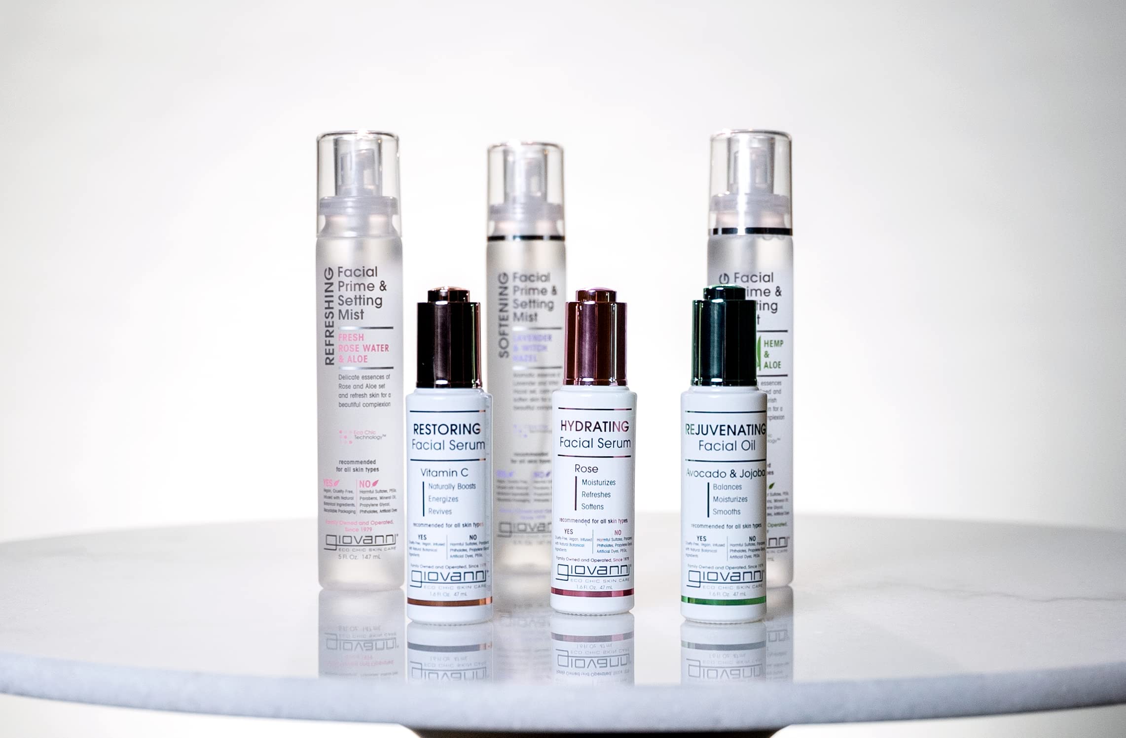 GIOVANNI spritzed over finished makeup benefit: sets makeup and reduces powdery look