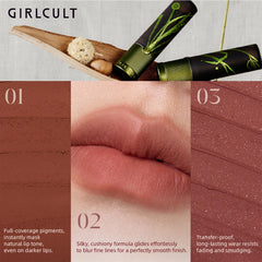 GIRLCULT applied on lips demonstrating velvet finish and comfortable wear