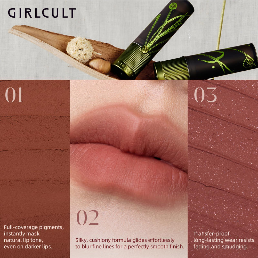 GIRLCULT closeup of lips wearing S03 showcasing velvet finish and natural blur