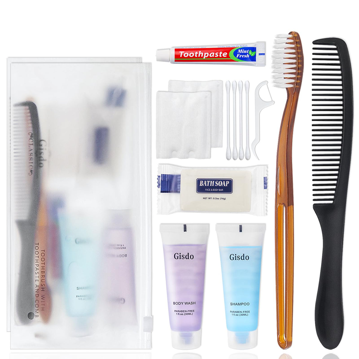 Gisdo front packaging shows 50 sealed toiletry kits, ideal for quick distribution