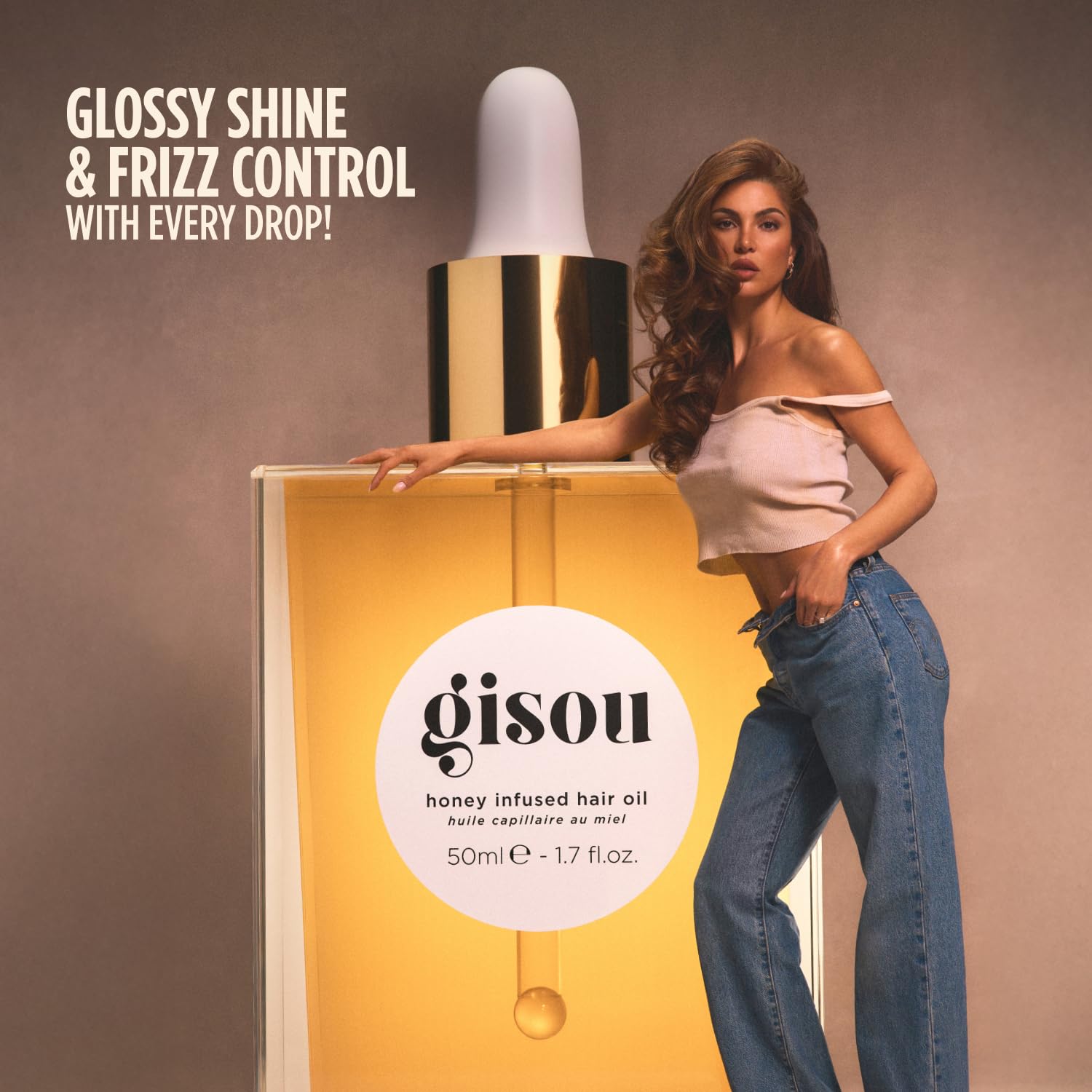 Gisou before and after images showing frizz control and visible shine benefit