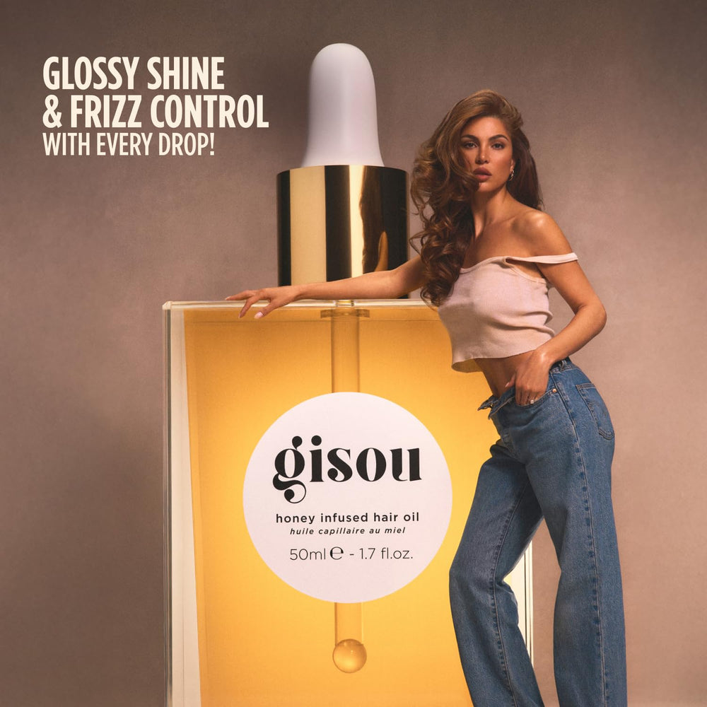 Gisou before and after images showing frizz control and visible shine benefit