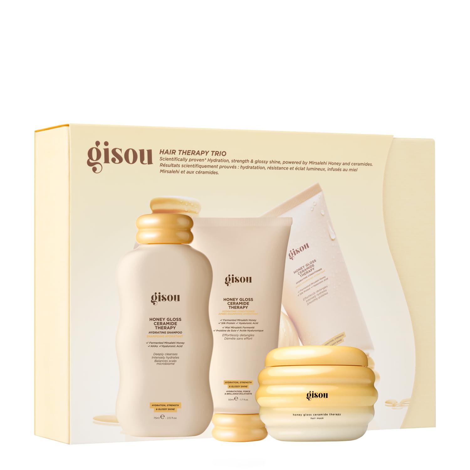 Gisou Honey Gloss trio styled on bathroom shelf for glossy hair routine