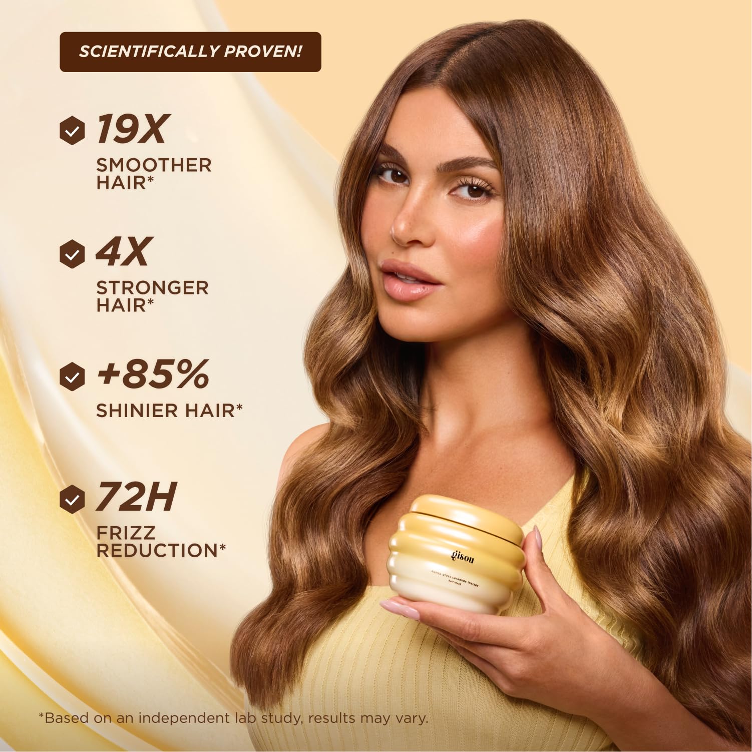 Gisou Honey Gloss mini conditioner bottle illustrating smoothing finish