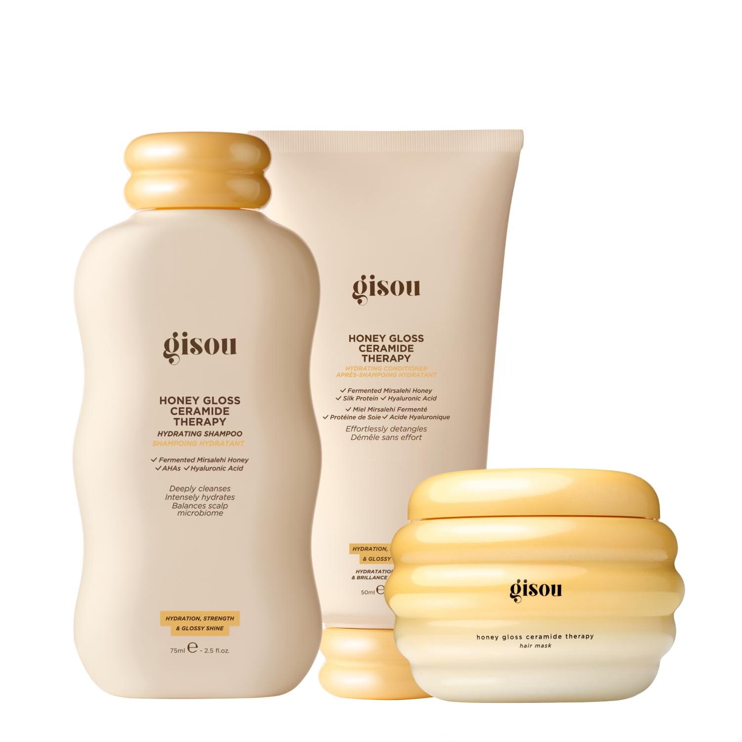 Gisou Honey Gloss trio front packaging showing travel-size set and benefits