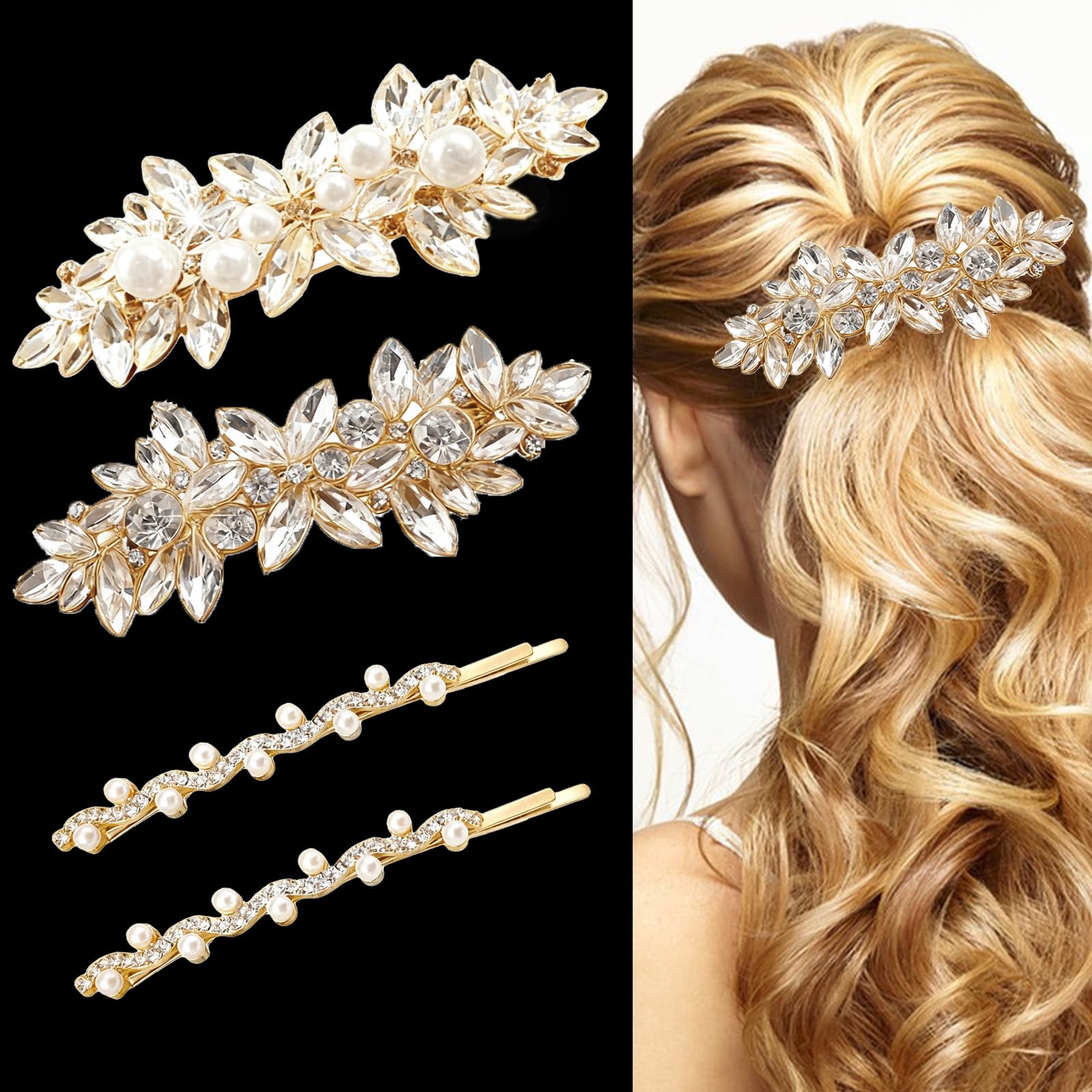 GIYAWA front view of four gold and silver bridal hair clips showing elegant finish and styling benefit