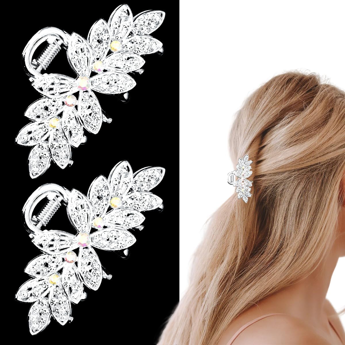 GIYAWA front view of silver rhinestone flower clips, adds elegant sparkle