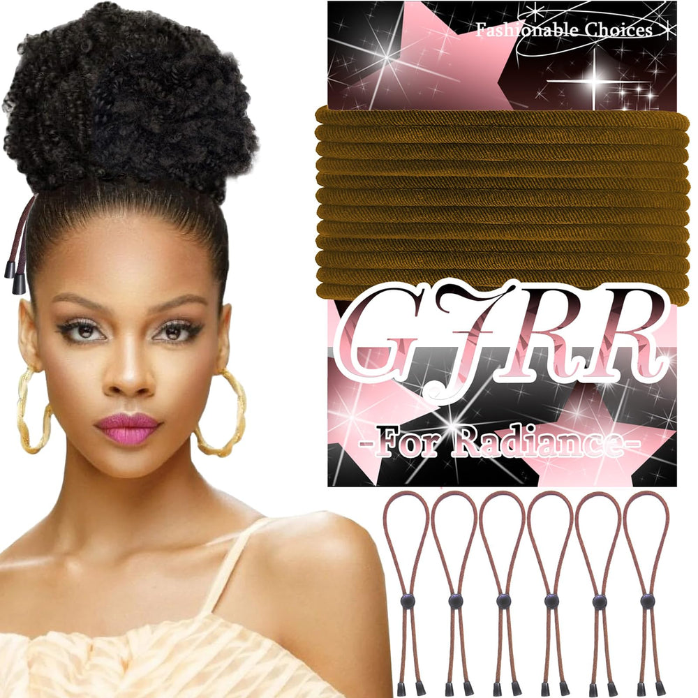 GJRR front view of six brown adjustable hair ties, neat packaging and variety