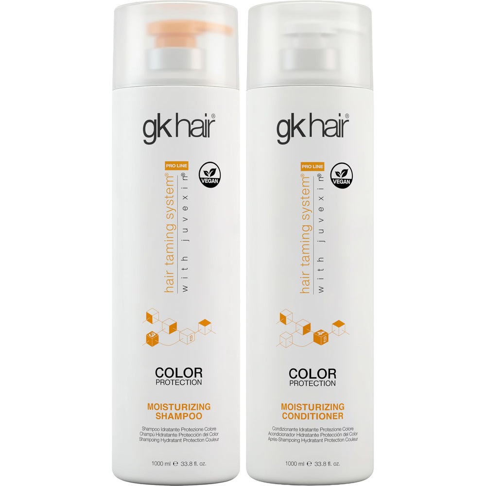 GK HAIR front view of moisturizing shampoo and conditioner set, shows value sizing and smooth shine