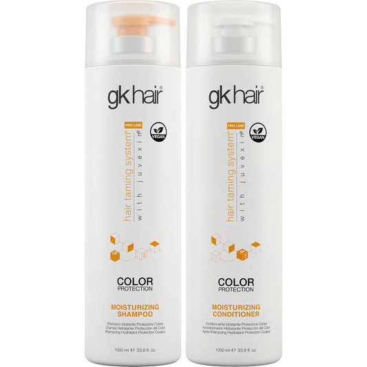 GK HAIR front view of moisturizing shampoo and conditioner set, shows value sizing and smooth shine