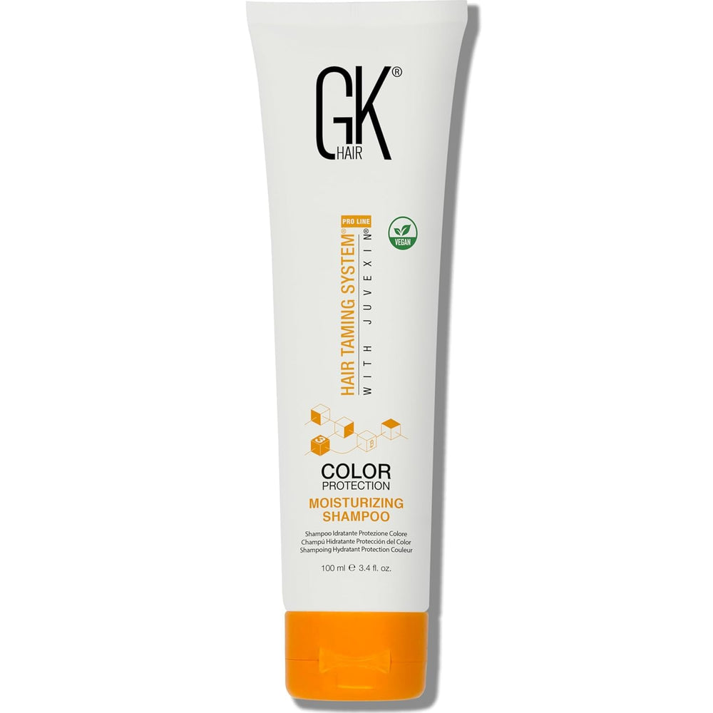 GK HAIR front packaging showing moisturizing shampoo and travel size benefit