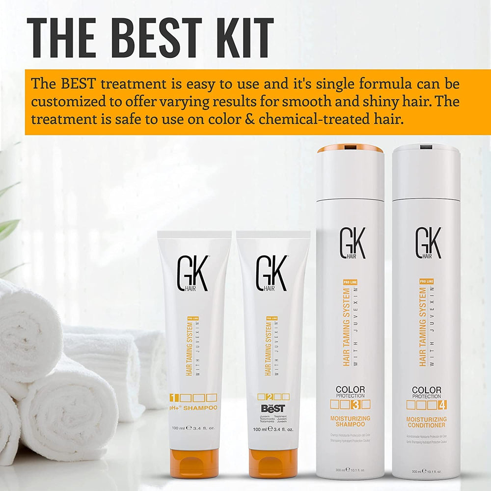 GK HAIR lifestyle bathroom setup showing an at-home professional treatment routine