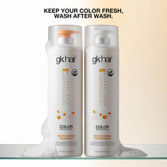 GK HAIR in-shower use showing both bottles, conveying simple routine for treated hair