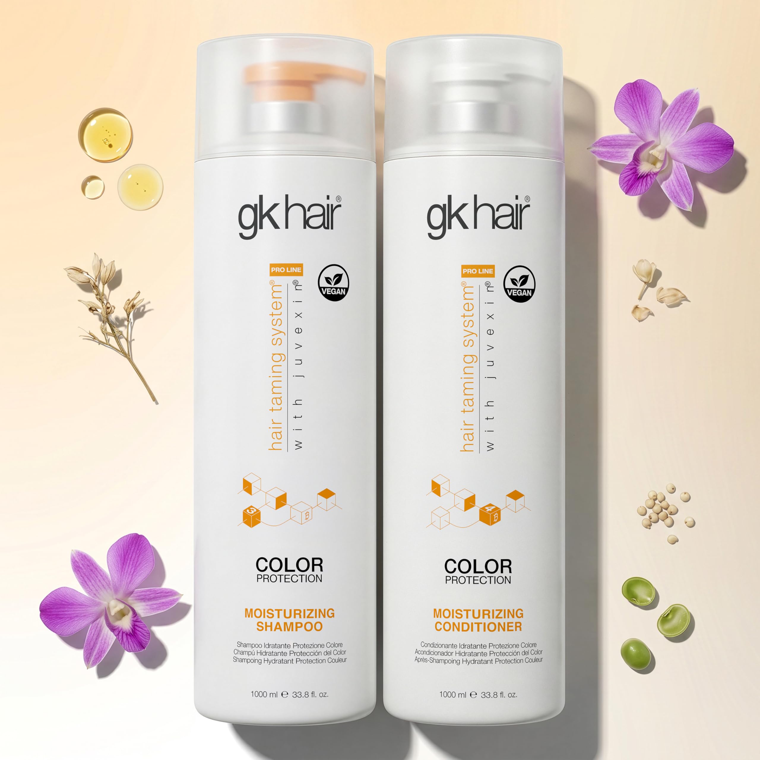 GK HAIR closeup of conditioner label showing moisturizing and detangling benefits