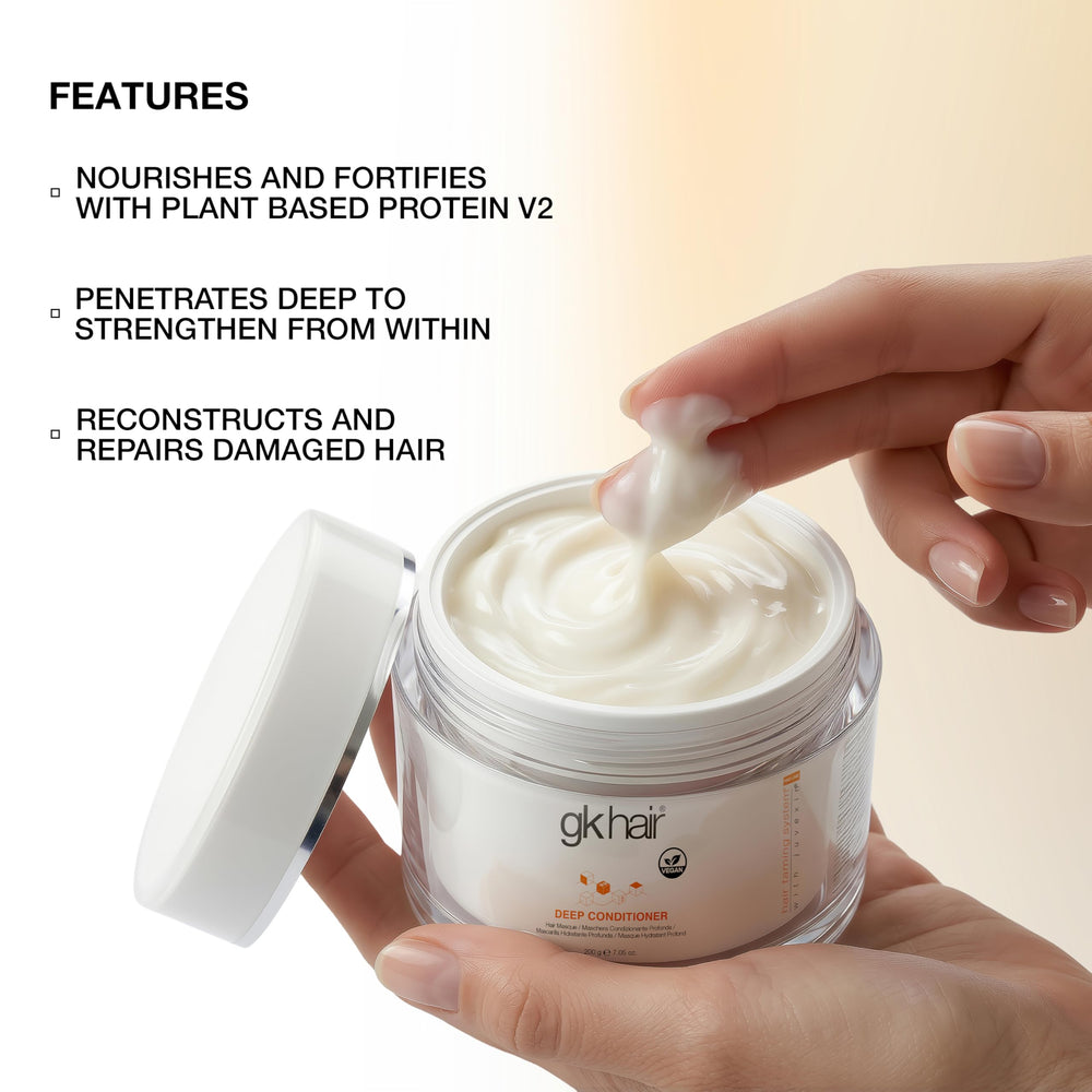 GK HAIR ingredients display with jojoba oil and grain extracts for hydration