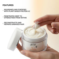 GK HAIR ingredients display with jojoba oil and grain extracts for hydration