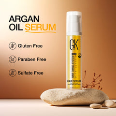GK HAIR ingredients label showing argan oil, keratin and botanical extracts