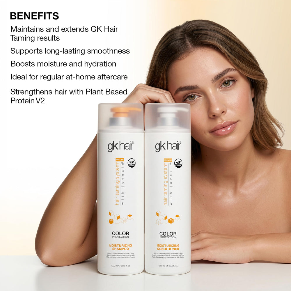 GK HAIR pump dispensing shampoo into hand, demonstrating easy dosing and hygienic use