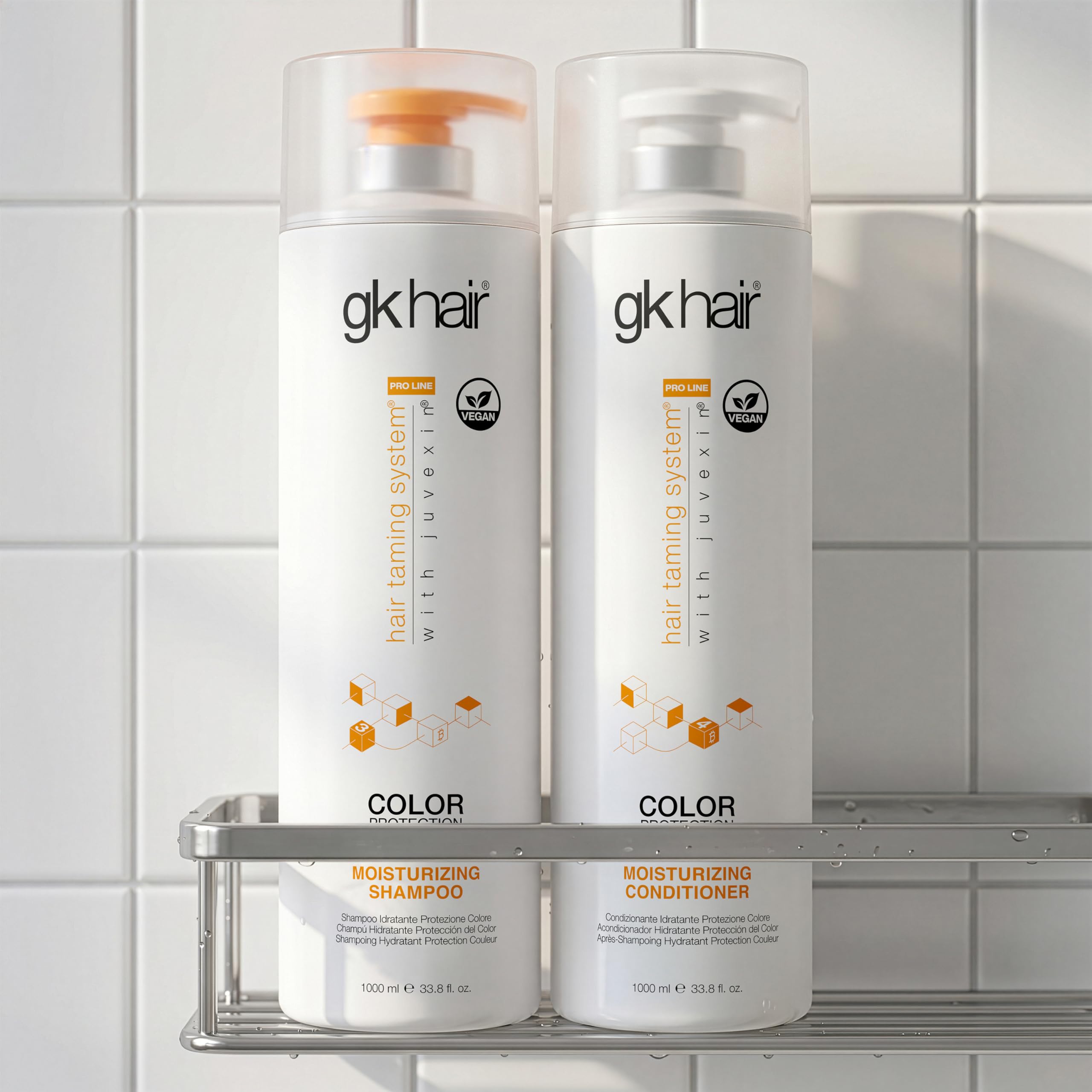 GK HAIR styled hair after use in salon setting, showing improved shine and manageability
