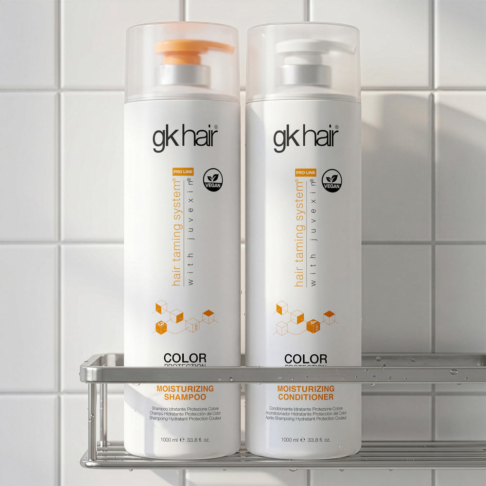 GK HAIR styled hair after use in salon setting, showing improved shine and manageability