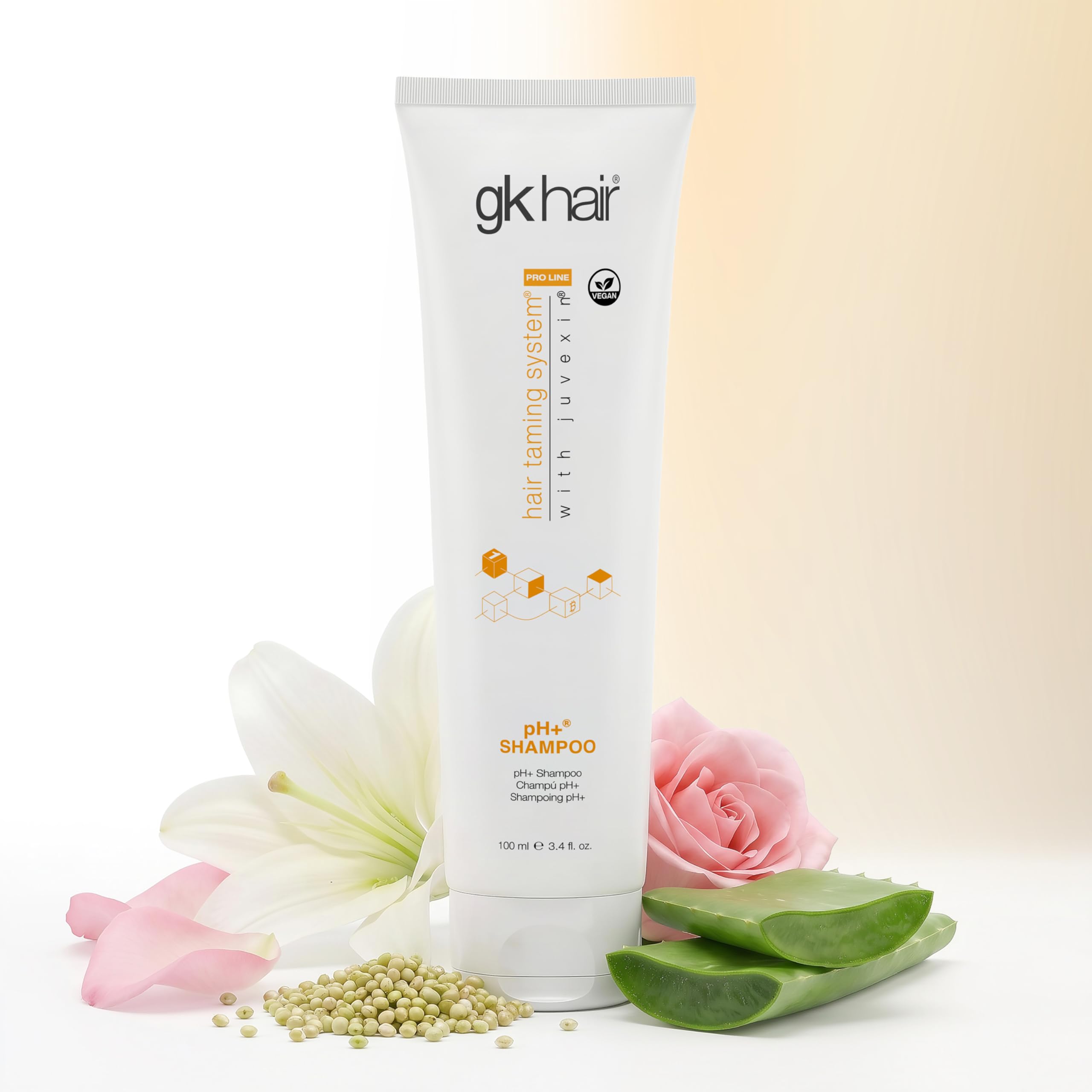 GK HAIR label detail highlighting ingredients and salon-ready benefit