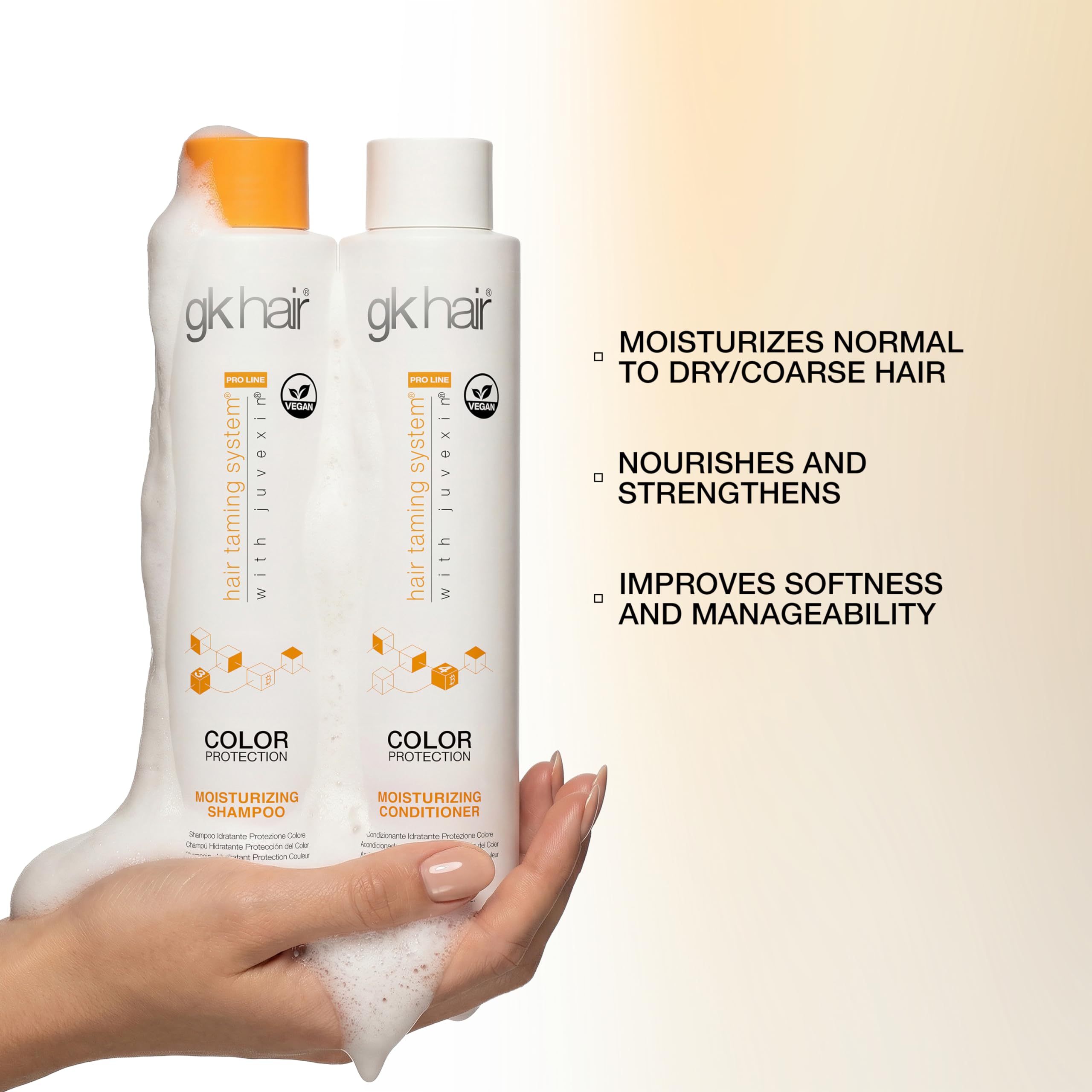 GK HAIR bottle held in hand to show 10.1 oz size and travel convenience