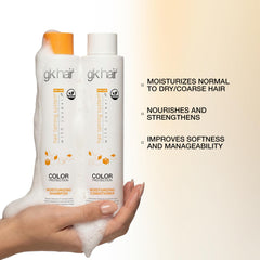 GK HAIR bottle held in hand to show 10.1 oz size and travel convenience