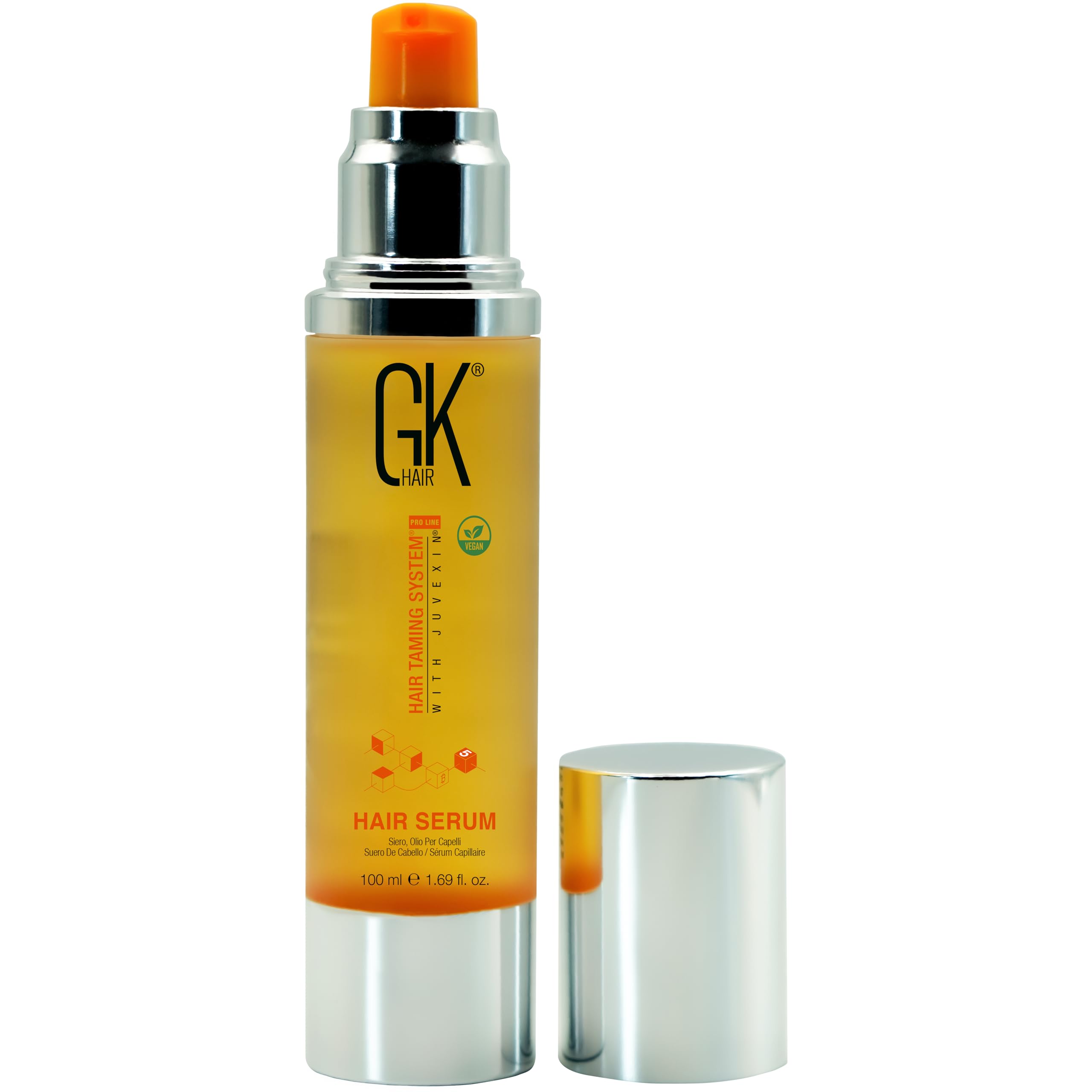 GK HAIR front bottle image showing serum texture and neat packaging benefit shine