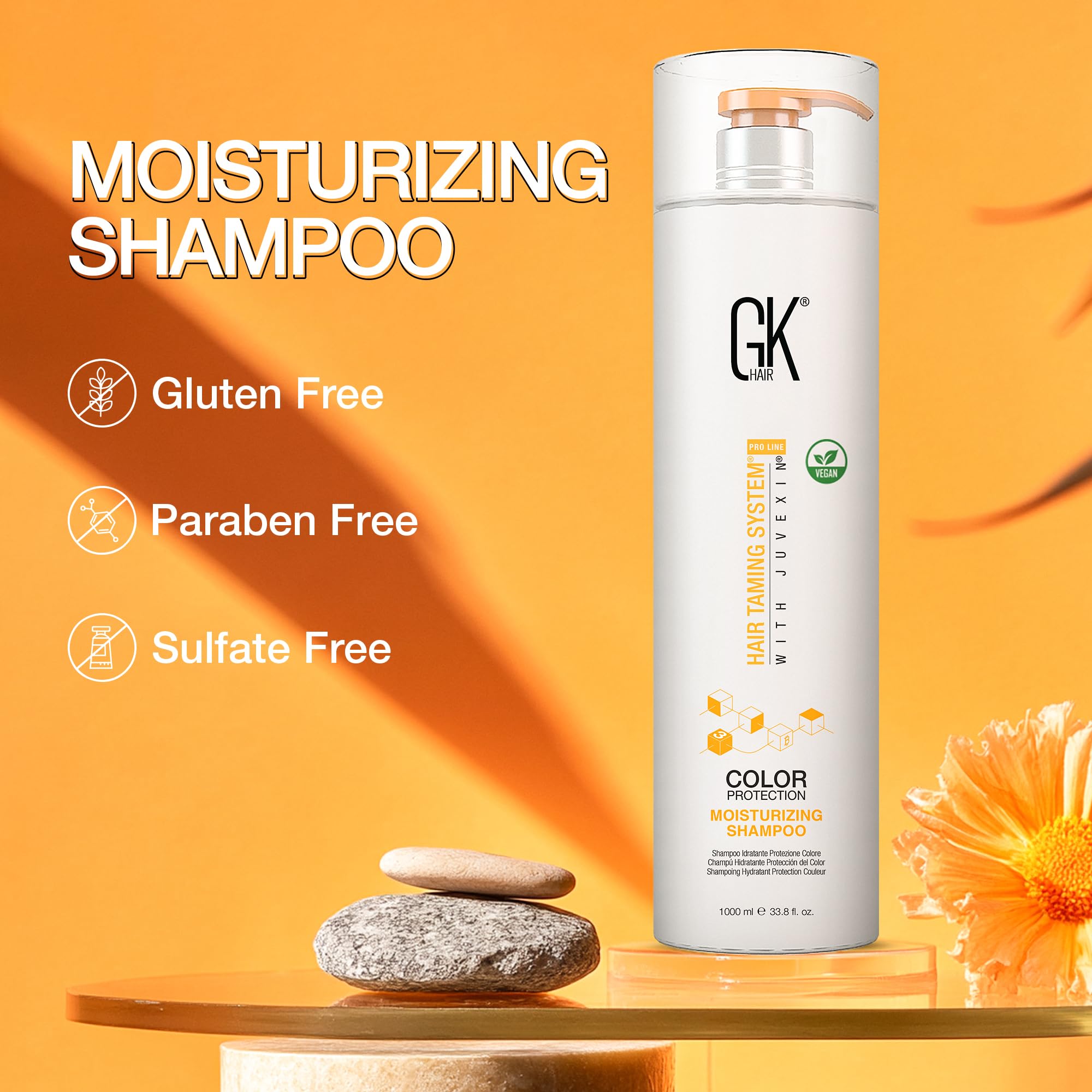 GK HAIR bottle next to common items showing 1L salon-size for value and frequent use