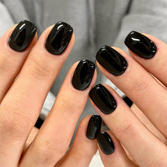 GLAMERMAID front packaging showing glossy black extra short nails benefit quick salon look