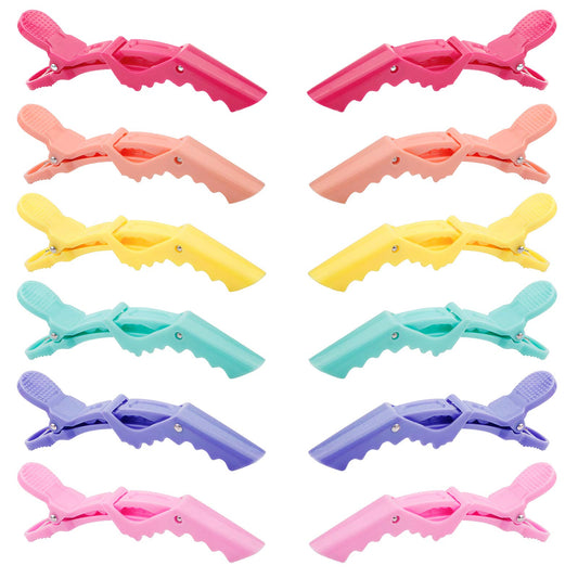 GLAMFIELDS front view of 12 pastel alligator clips showing full set and packaging benefit: organized storage