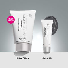 Glamglow SUPERMUD jar beside coin for size comparison showing travel-ready benefit