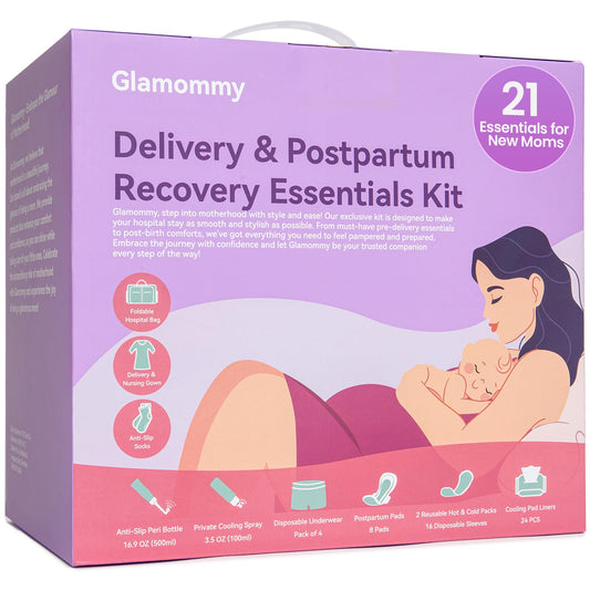 Glamommy kit front packaging showing complete postpartum set and convenience