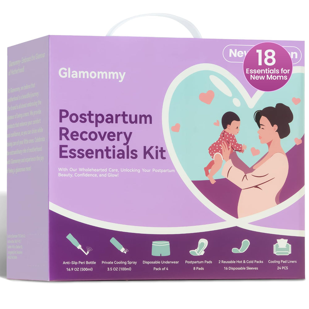 Glamommy kit box front view showing compact tote and handle for easy transport