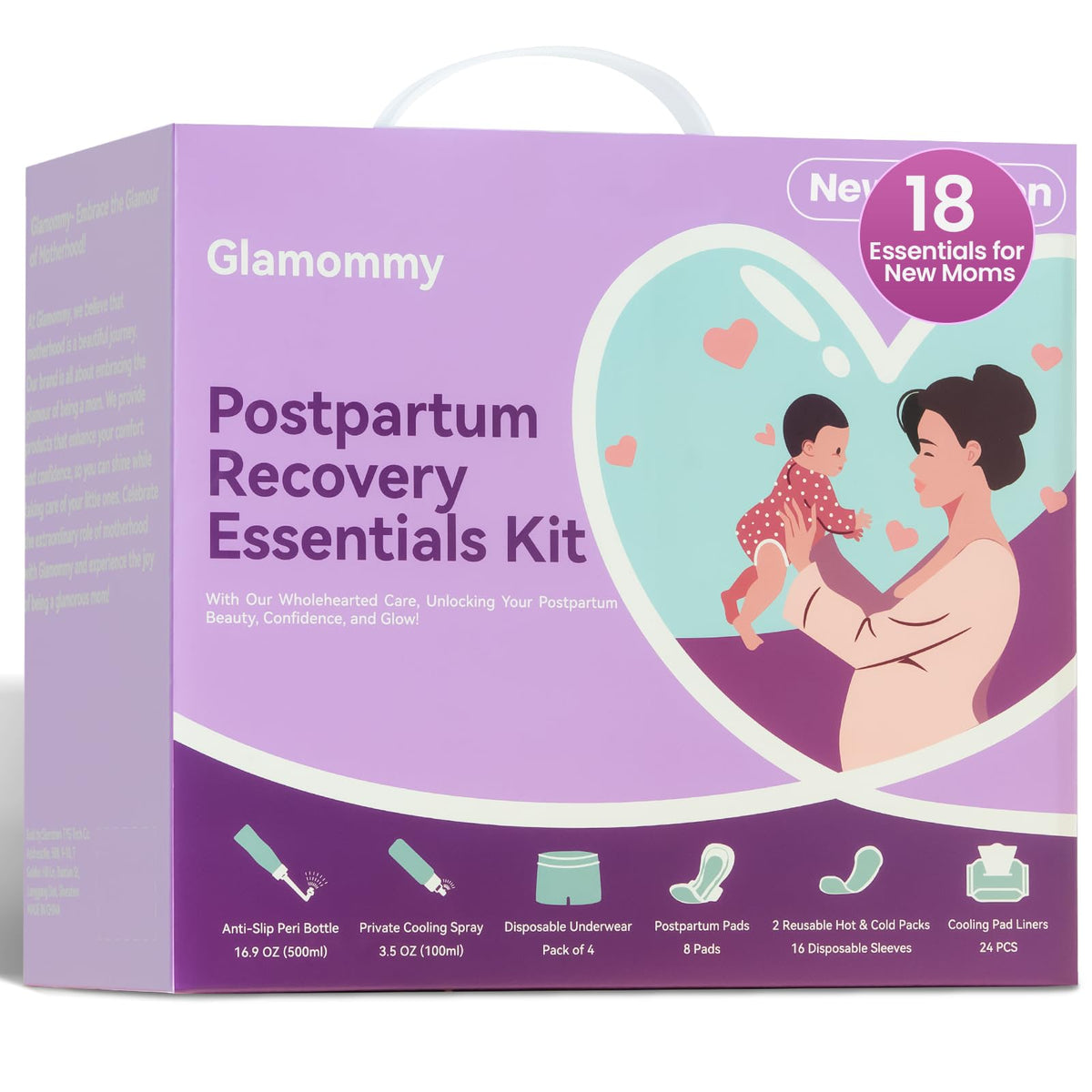 Glamommy kit box front view showing compact tote and handle for easy transport