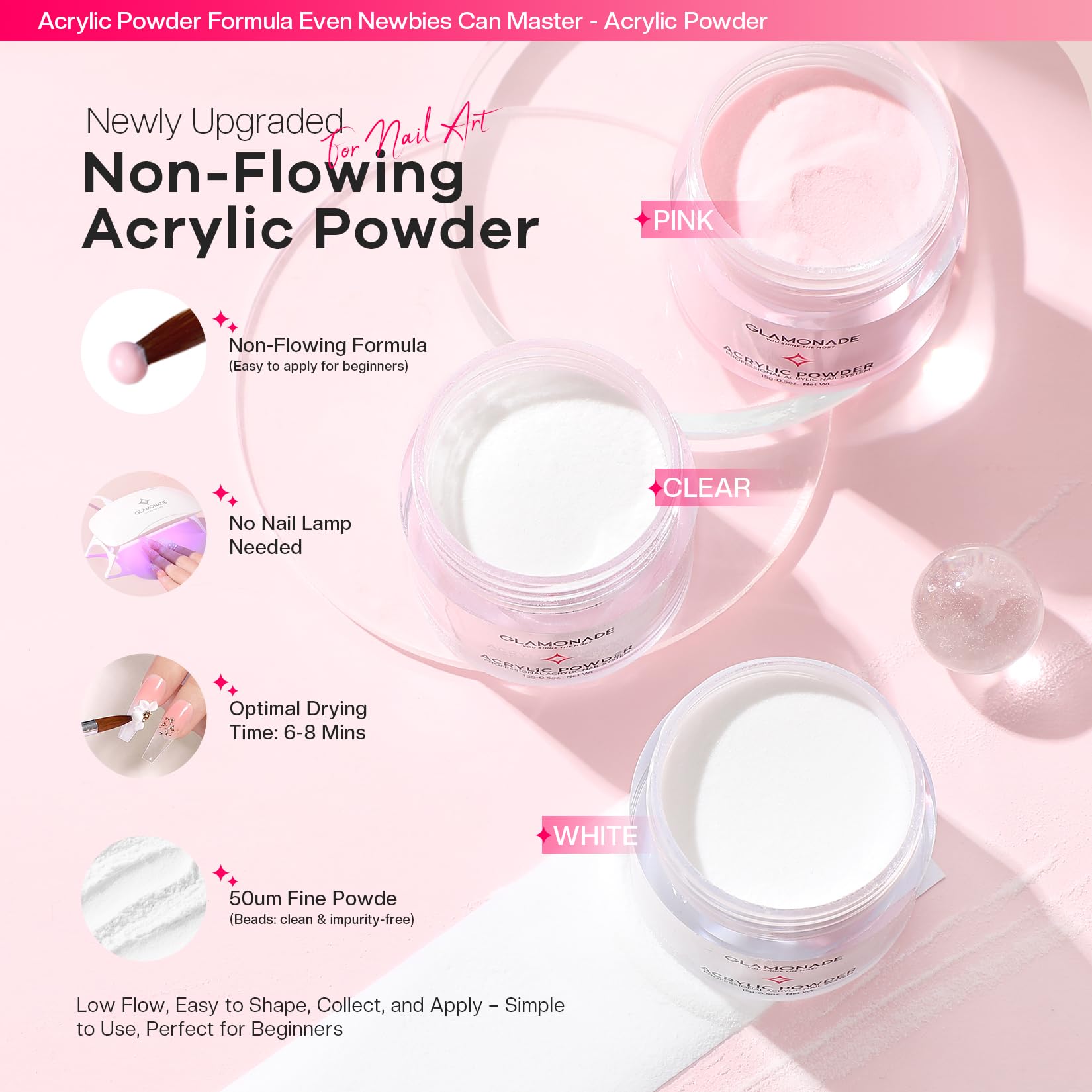Glamonade acrylic powders and upgraded brush for easier shaping