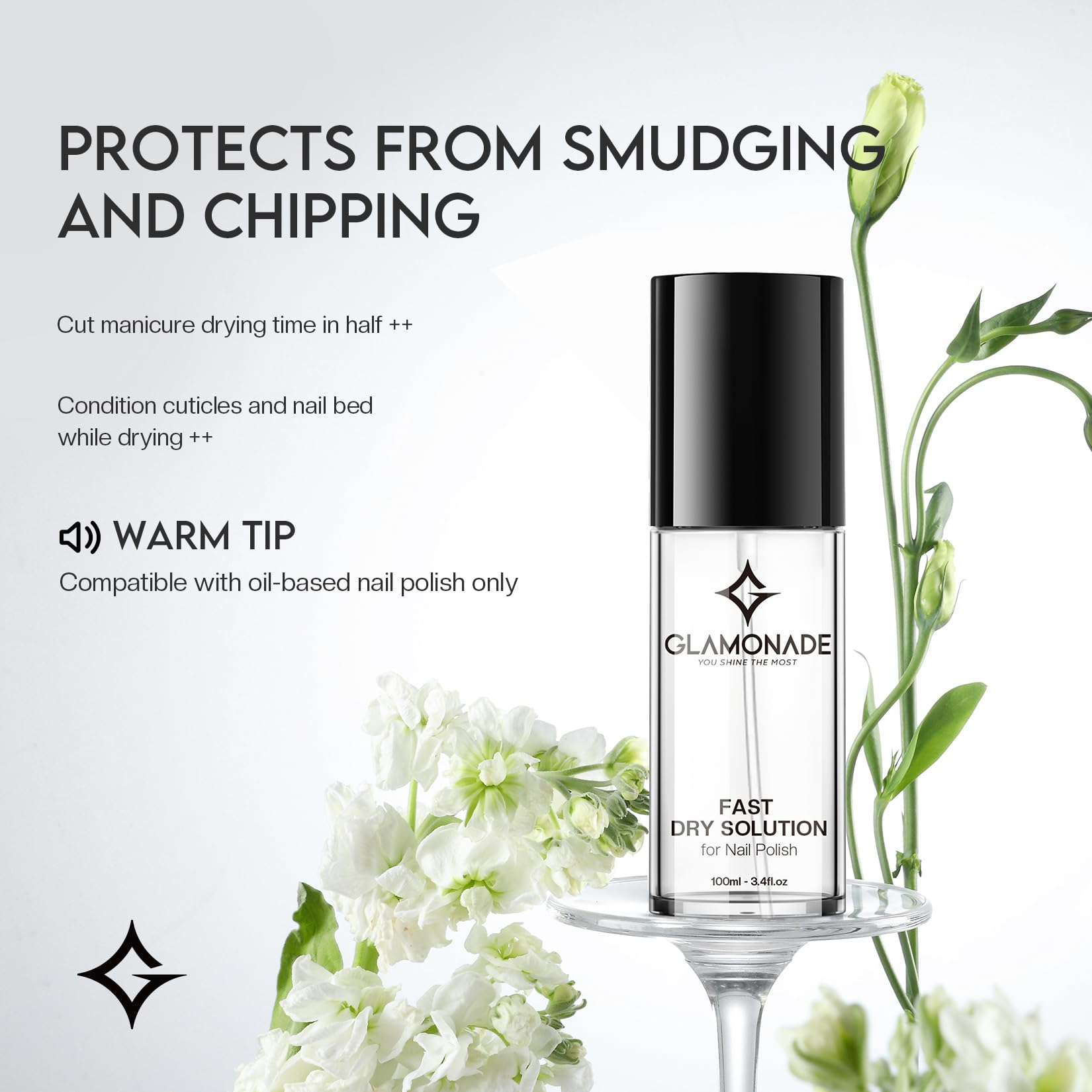 glamonade bottle closeup highlighting nozzle for precise application and smooth finish