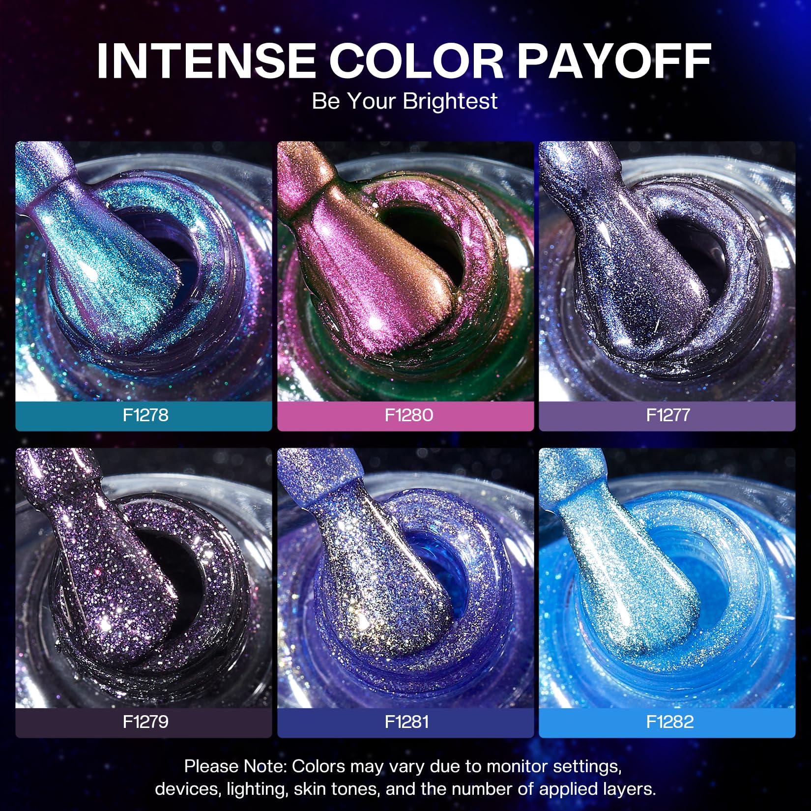 Glamonade bottle lineup displaying six unique chameleon and glitter colors
