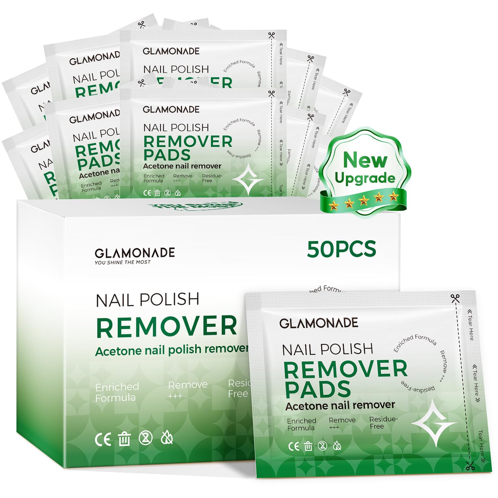 Glamonade front packaging showing 50 individually wrapped acetone wipes for quick removal