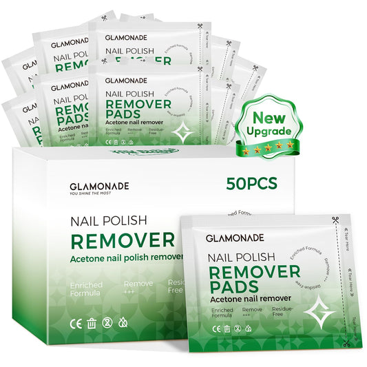 Glamonade front packaging showing 50 individually wrapped acetone wipes for quick removal