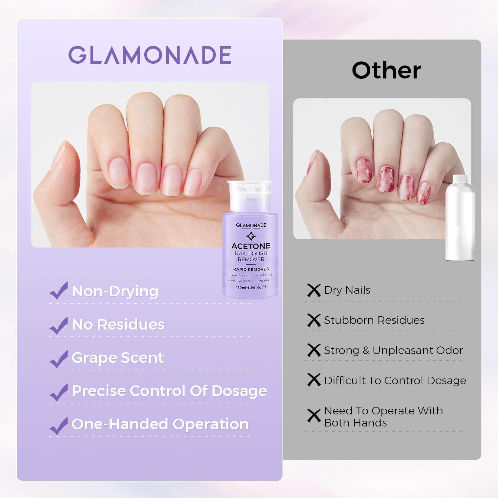 Glamonade label close-up listing acetone and grape seed oil benefits