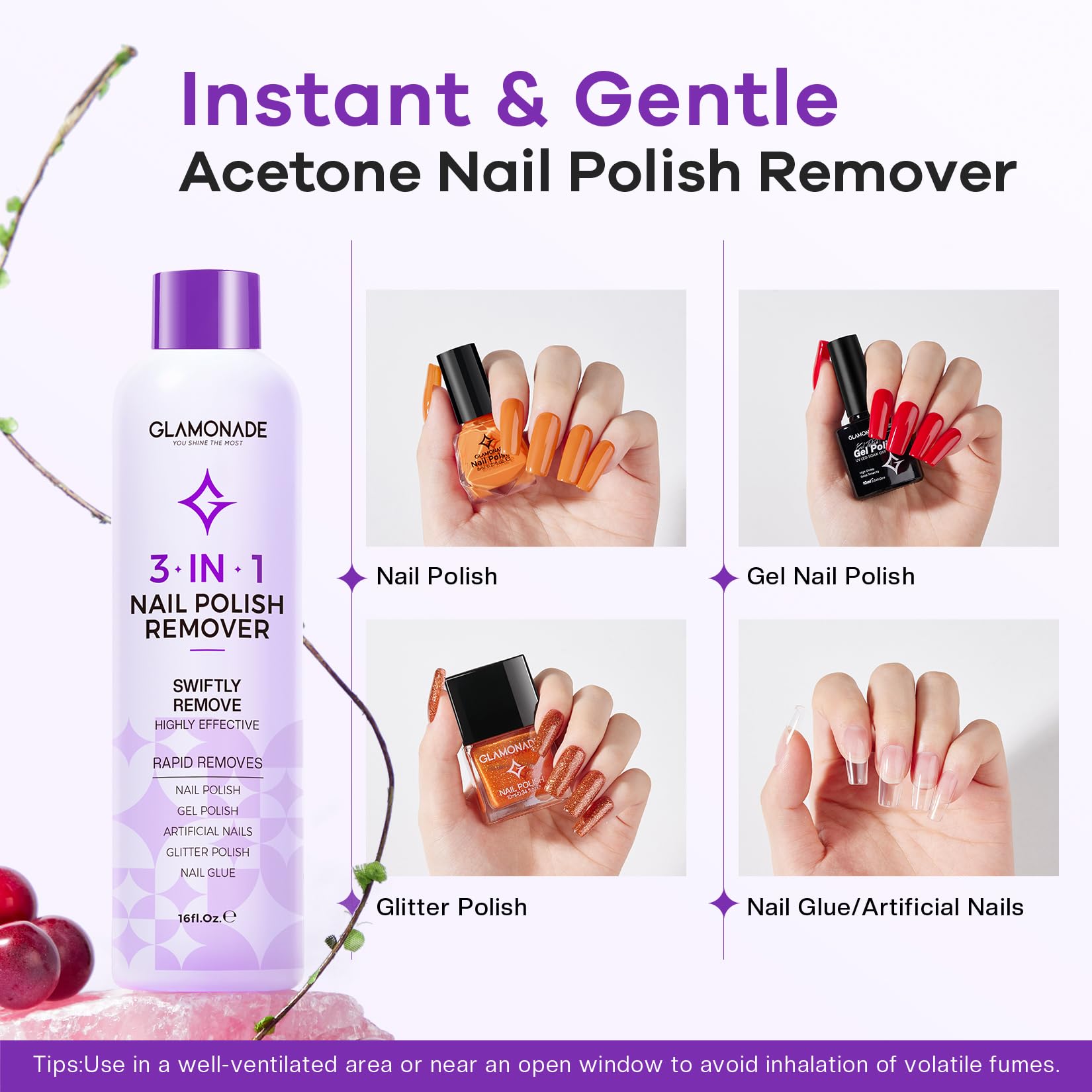 Glamonade pouring onto cotton pad demonstrating quick polish removal