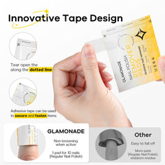 Glamonade size comparison in hand showing 9x9cm pads for full-nail coverage