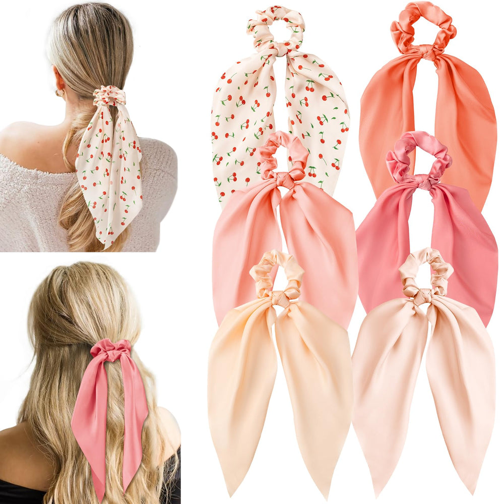 Glaudmeiss front view of six cherry-pink bow scrunchies showing neat presentation and charm