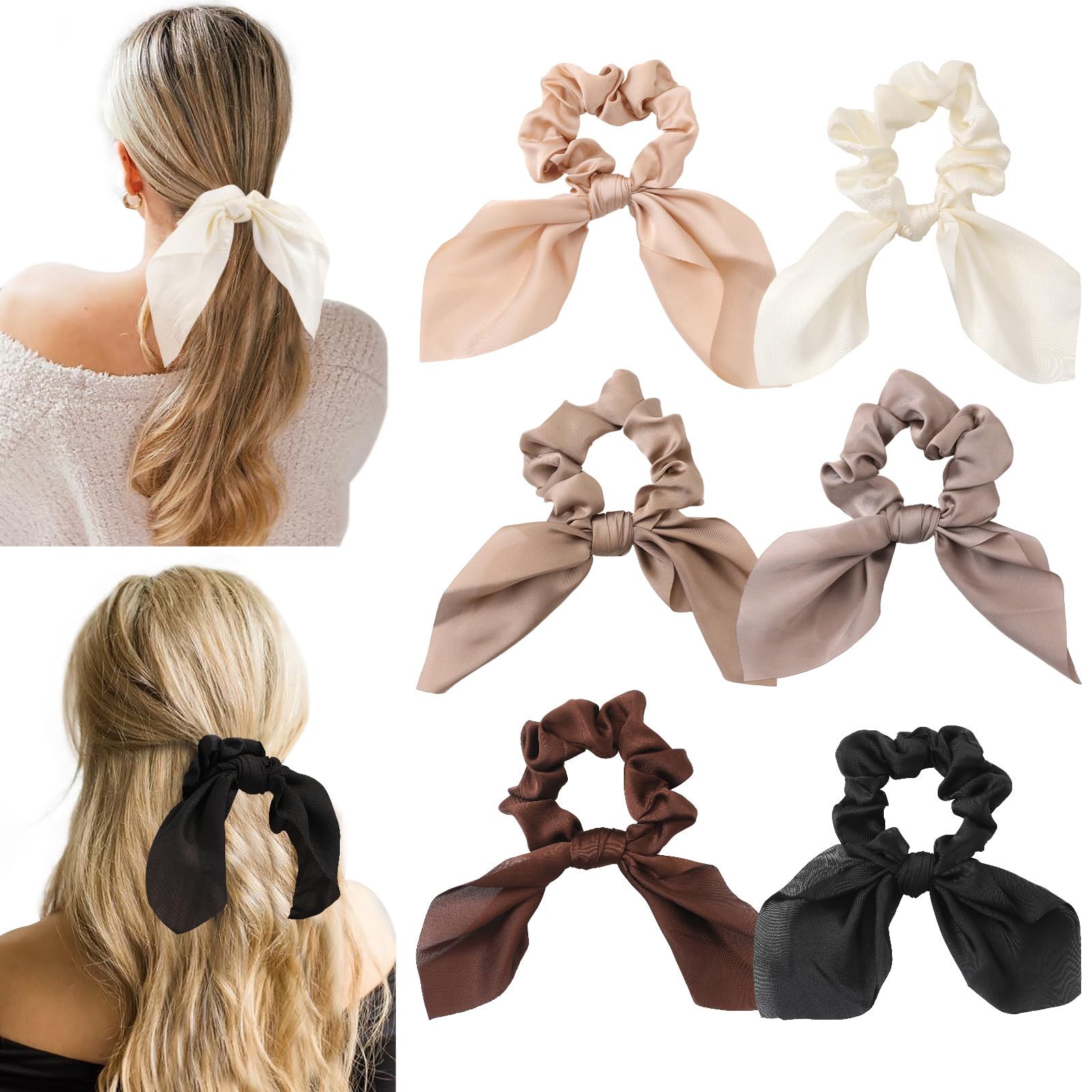 Glaudmeiss front view of six brown scrunchies showing variety and convenience