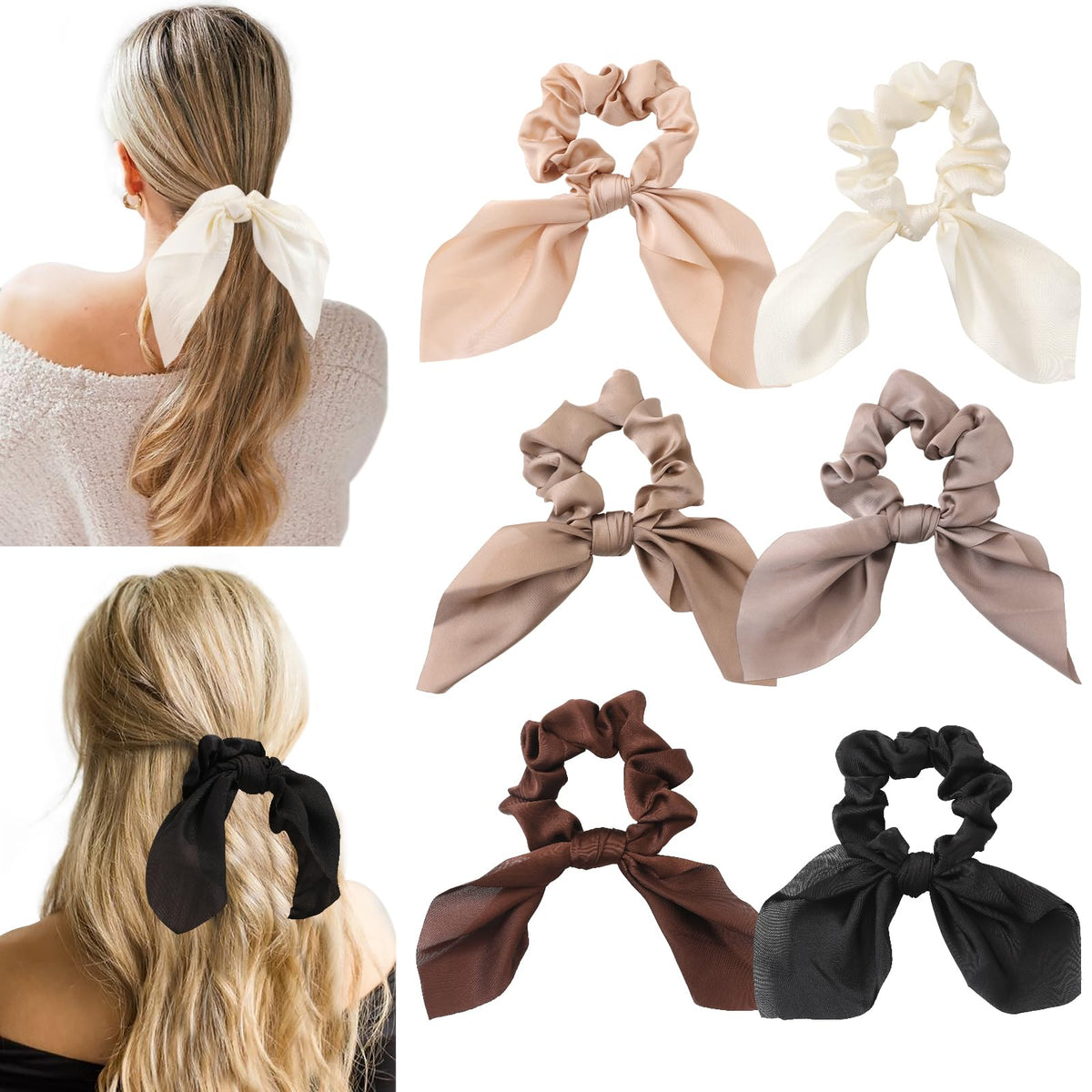 Glaudmeiss front view of six brown scrunchies showing variety and convenience
