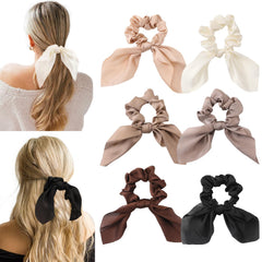 Glaudmeiss front view of six brown scrunchies showing variety and convenience