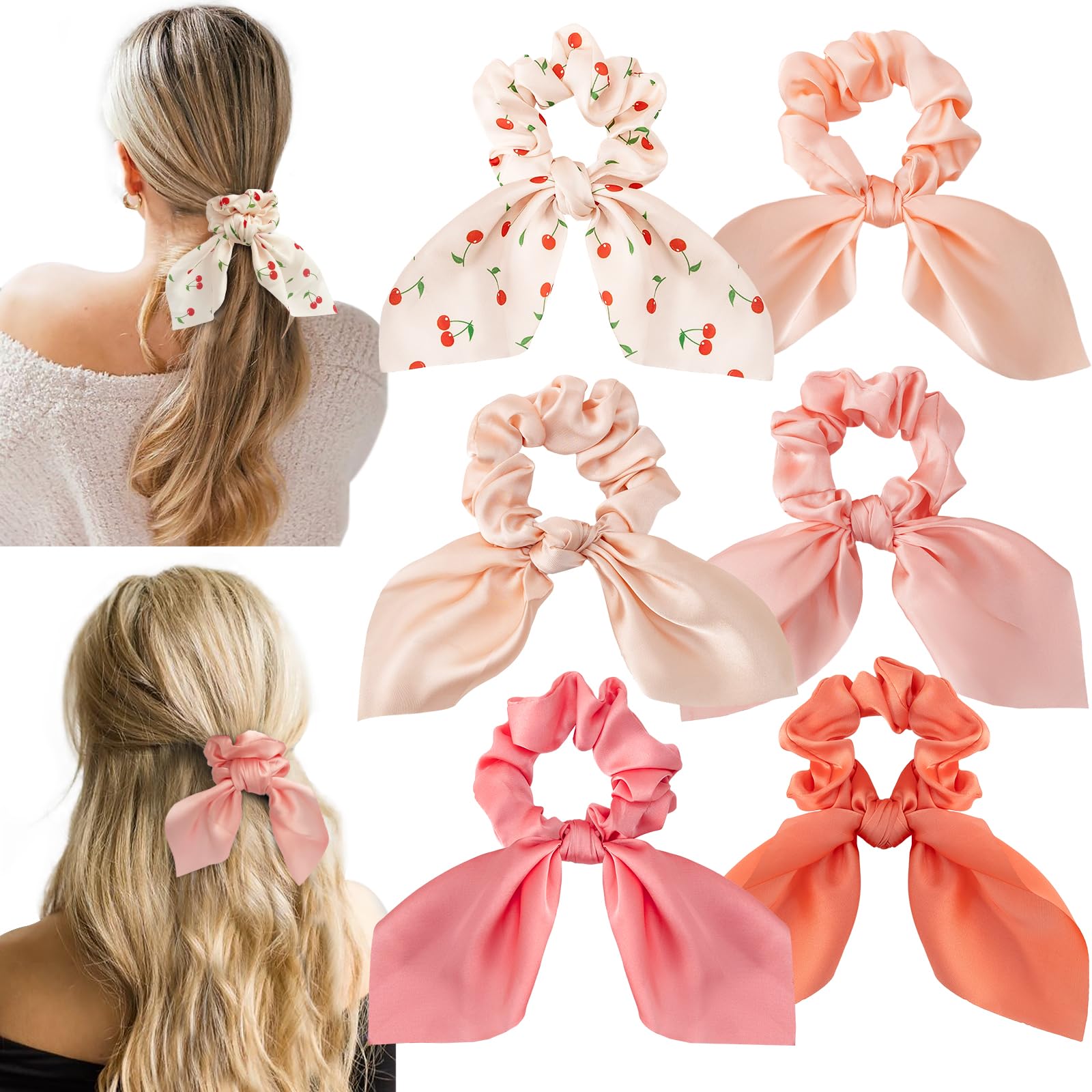 Glaudmeiss front view of six cherry bow scrunchies showing set convenience