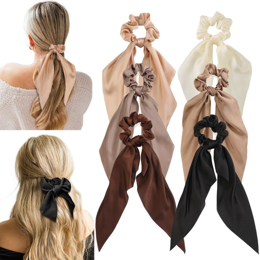 Glaudmeiss front packaging showing six neutral silk scrunchies and ribbons for outfit matching